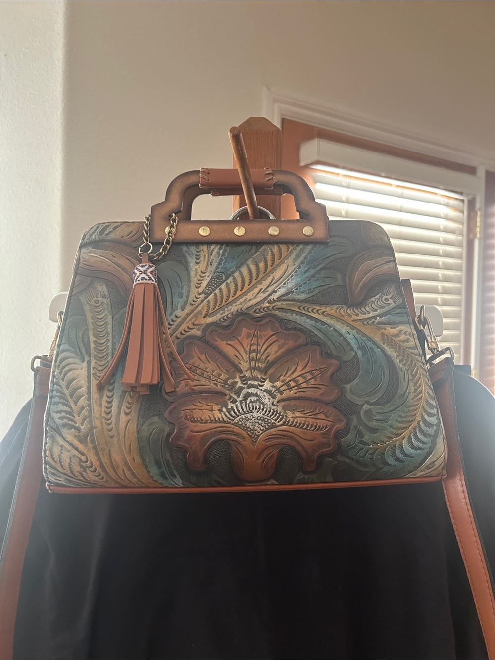 Hand-Tooled Floral Satchel - Teal & Brown VGUC